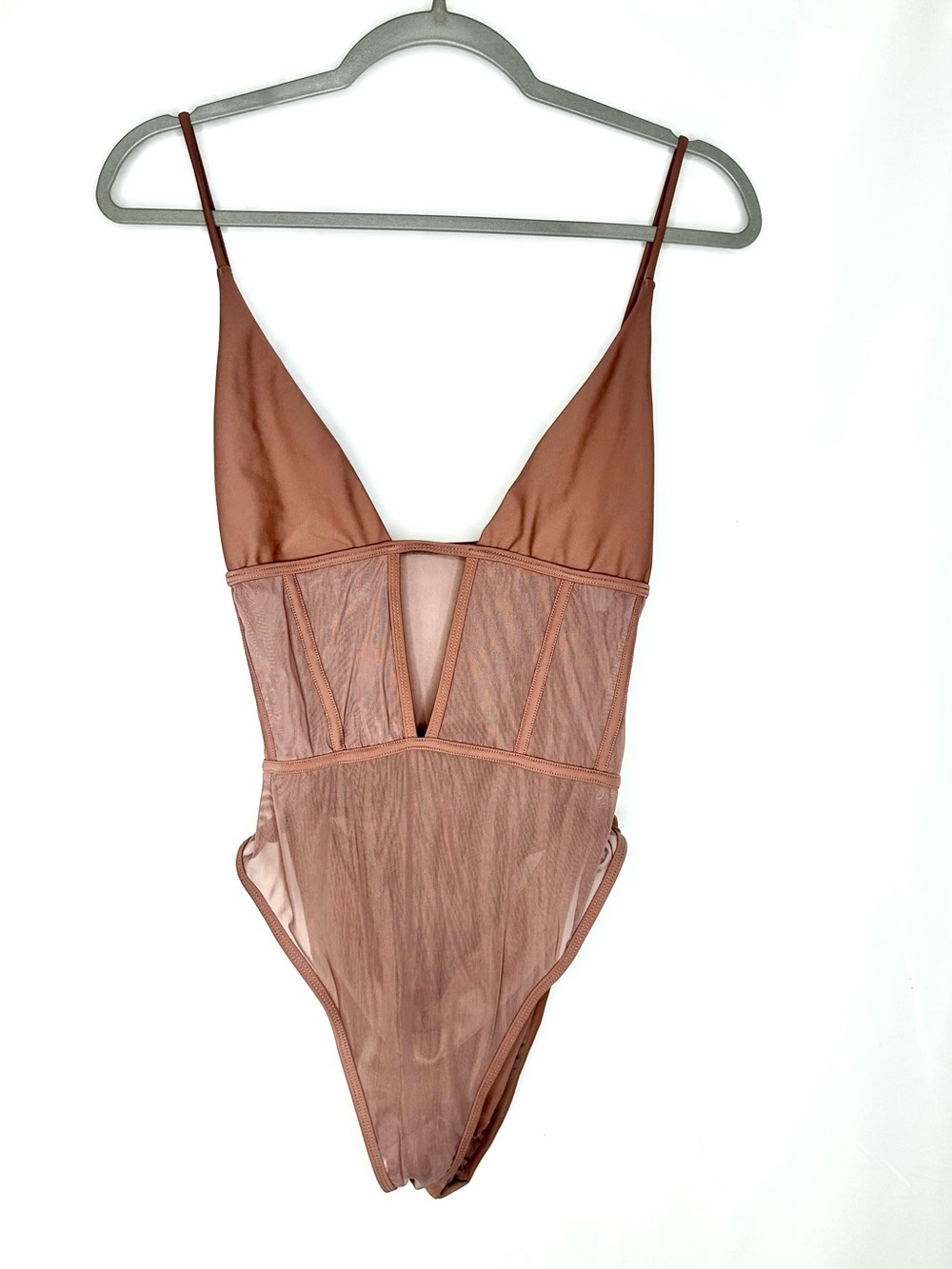TOBI Dusty Rose Sheer Mesh Corset-Like Boho Monokini Bathing Suit Size Large